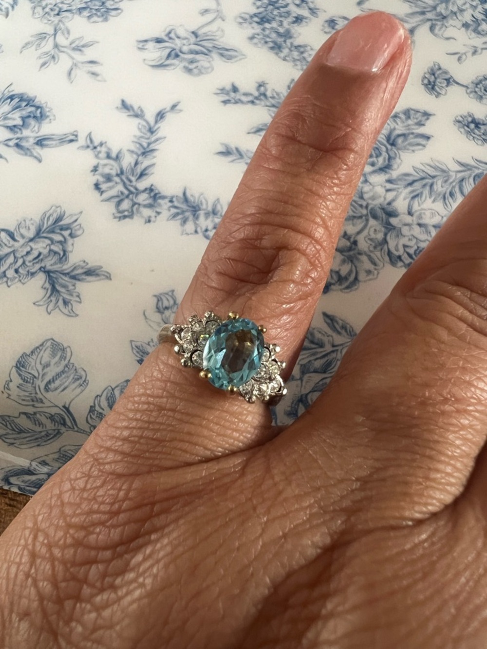 Gold Tone Blue CZ Halo Ring Cluster Setting Size 4.75 #47515